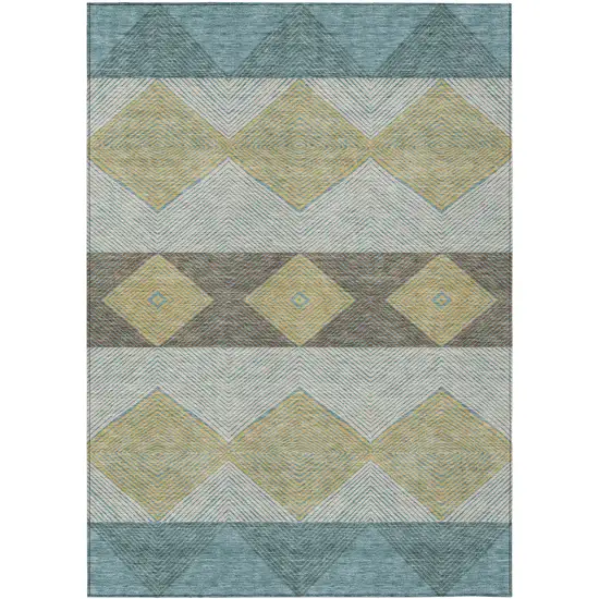 Teal Blue And Gold Geometric Washable Indoor Outdoor Area Rug Photo 1