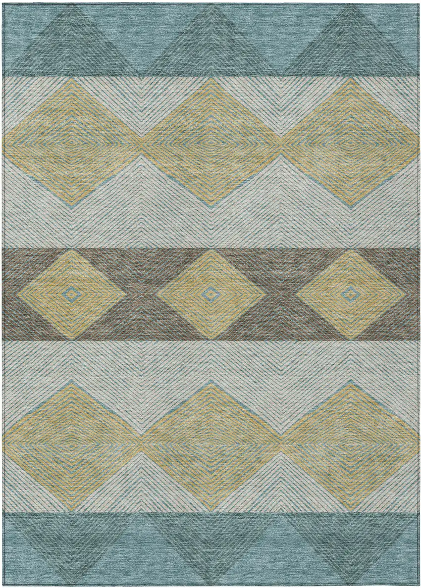 Teal Blue And Gold Geometric Washable Indoor Outdoor Area Rug Photo 1