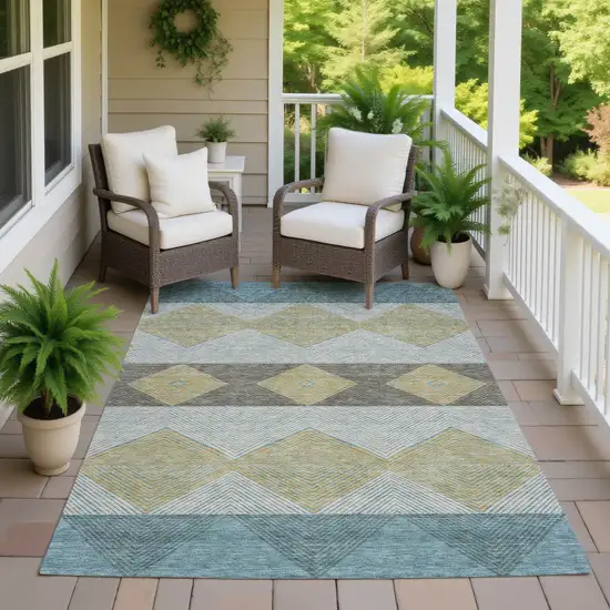 Teal Blue And Gold Geometric Washable Indoor Outdoor Area Rug Photo 7