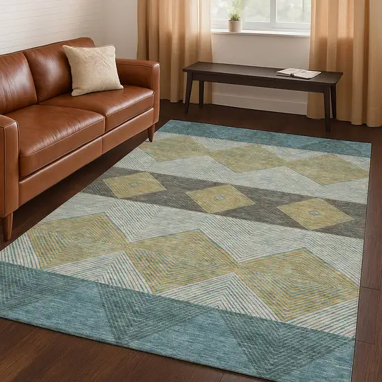 Teal Blue And Gold Geometric Washable Indoor Outdoor Area Rug Photo 5