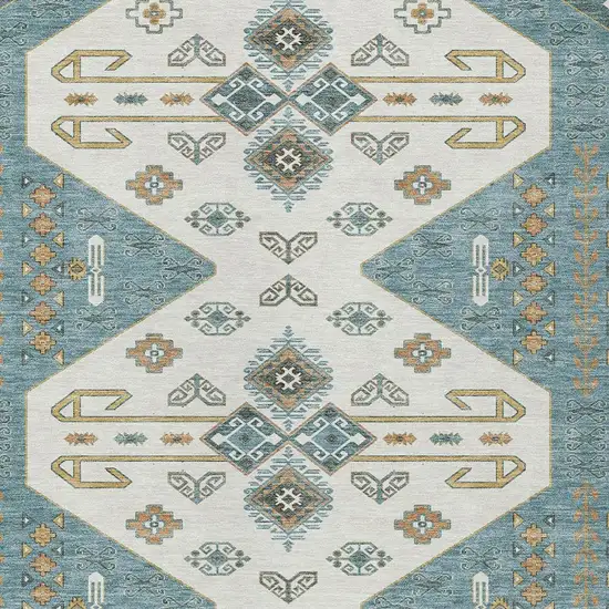 Teal Blue And Gold Geometric Washable Indoor Outdoor Area Rug Photo 3