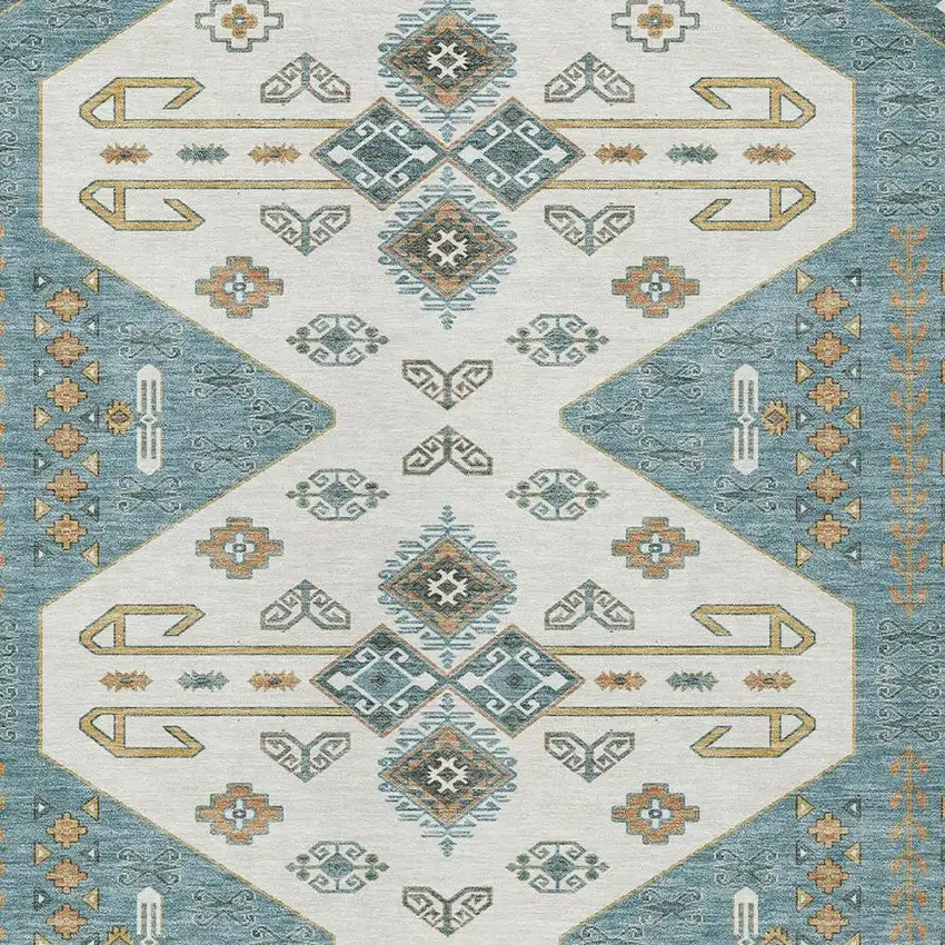 Teal Blue And Gold Geometric Washable Indoor Outdoor Area Rug Photo 3