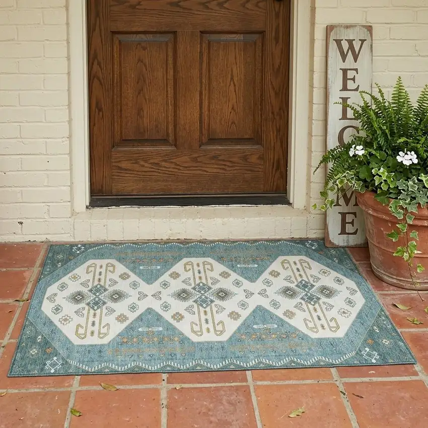 Teal Blue And Gold Geometric Washable Indoor Outdoor Area Rug Photo 1