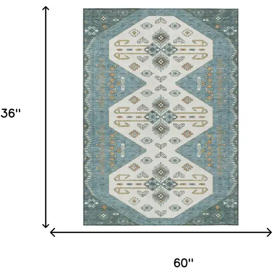 Teal Blue And Gold Geometric Washable Indoor Outdoor Area Rug Photo 7