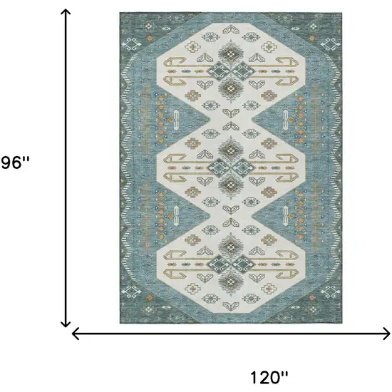 Teal Blue And Gold Geometric Washable Indoor Outdoor Area Rug Photo 7