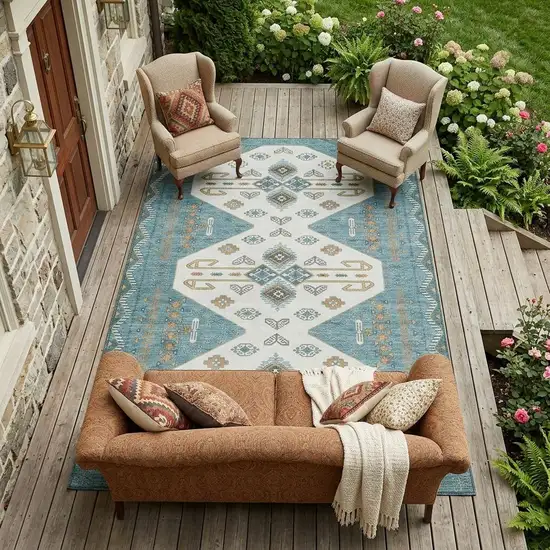 Teal Blue And Gold Geometric Washable Indoor Outdoor Area Rug Photo 1