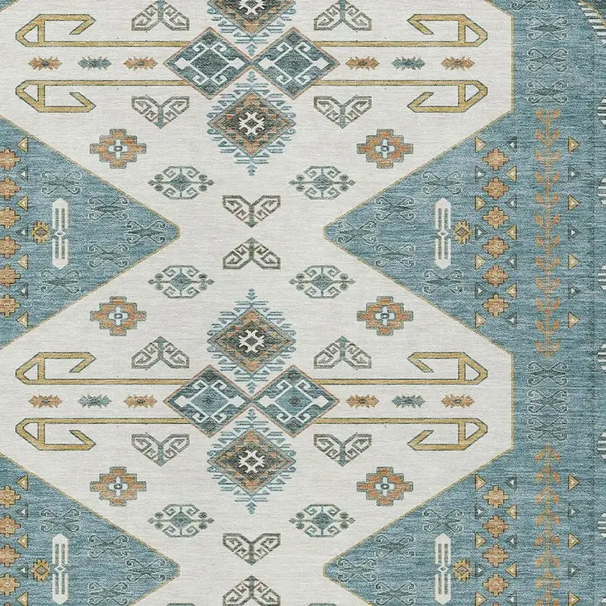 Teal Blue And Gold Geometric Washable Indoor Outdoor Area Rug Photo 3