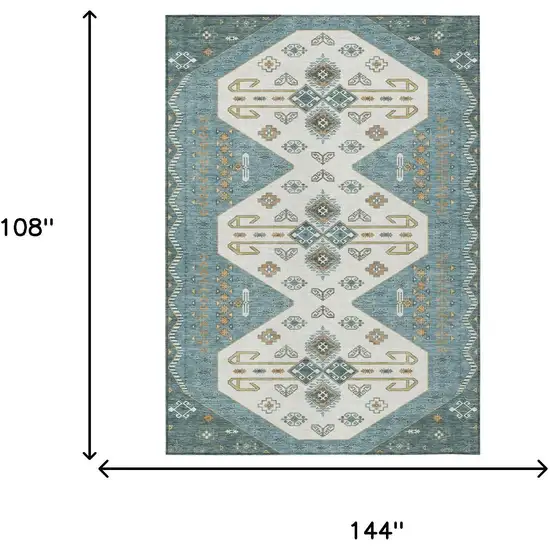 Teal Blue And Gold Geometric Washable Indoor Outdoor Area Rug Photo 7
