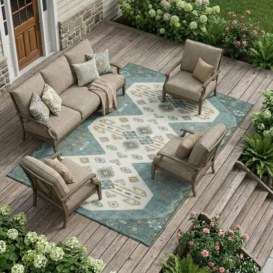 Teal Blue And Gold Geometric Washable Indoor Outdoor Area Rug Photo 1