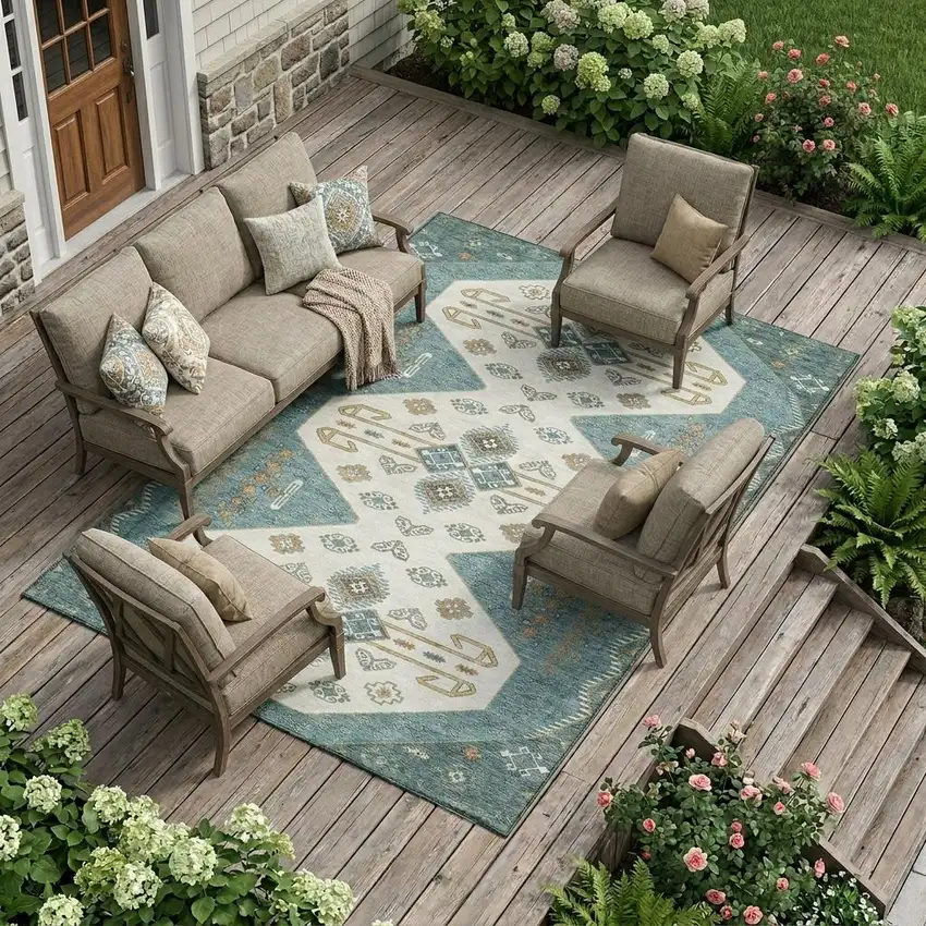Teal Blue And Gold Geometric Washable Indoor Outdoor Area Rug Photo 1