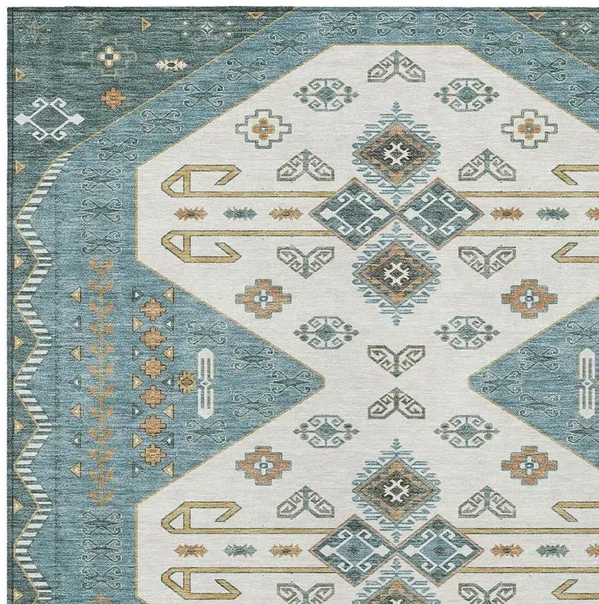 Teal Blue And Gold Geometric Washable Indoor Outdoor Area Rug Photo 3
