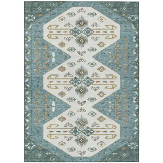 Teal Blue And Gold Geometric Washable Indoor Outdoor Area Rug Photo 2