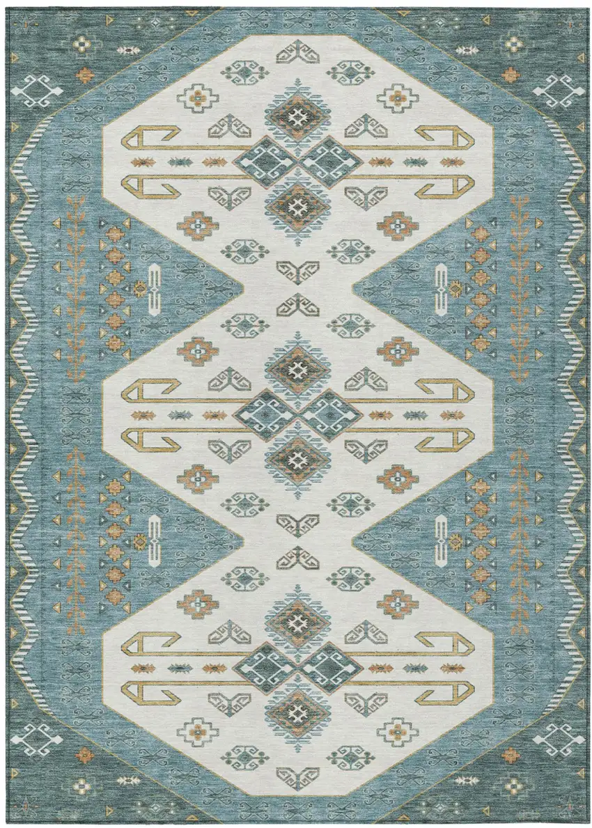 Teal Blue And Gold Geometric Washable Indoor Outdoor Area Rug Photo 2