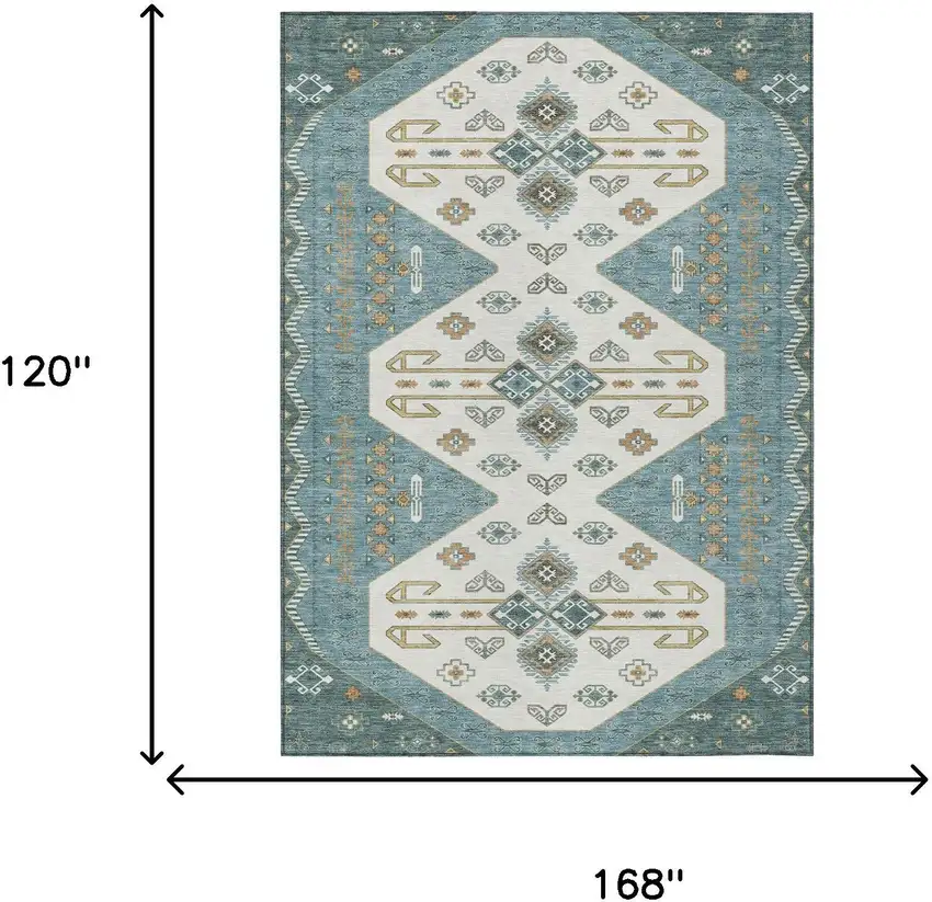 Teal Blue And Gold Geometric Washable Indoor Outdoor Area Rug Photo 7