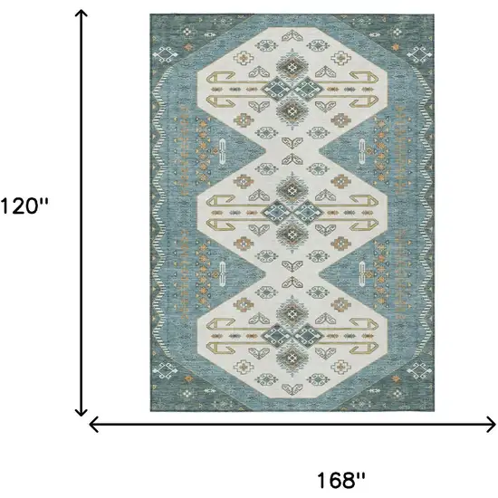 Teal Blue And Gold Geometric Washable Indoor Outdoor Area Rug Photo 7