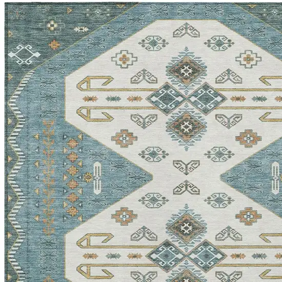 Teal Blue And Gold Geometric Washable Indoor Outdoor Area Rug Photo 3