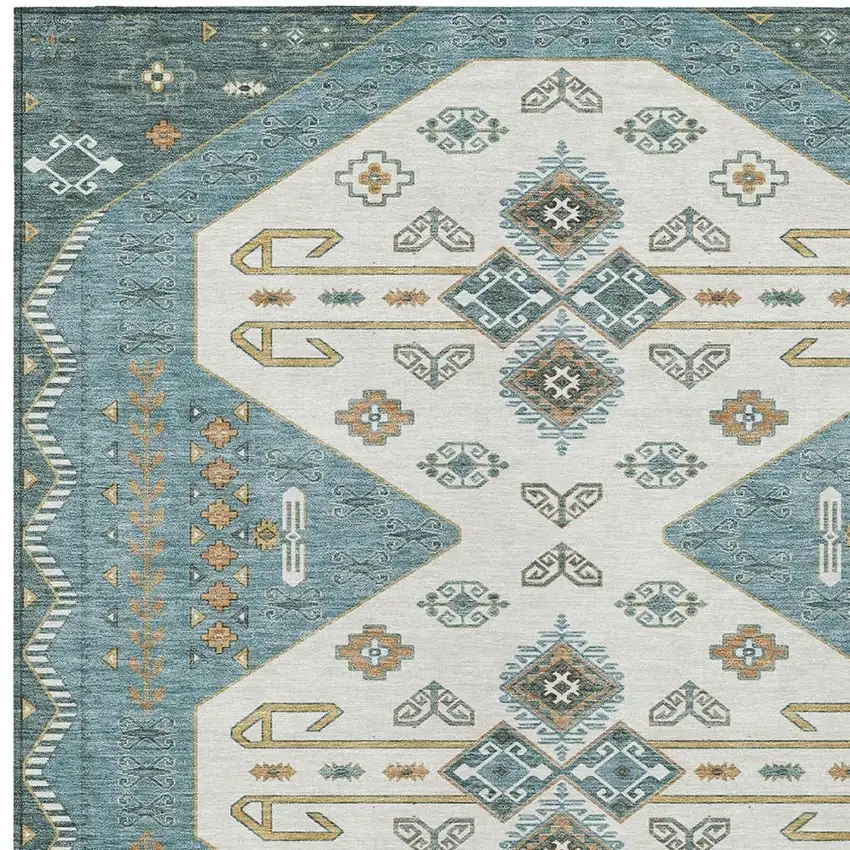 Teal Blue And Gold Geometric Washable Indoor Outdoor Area Rug Photo 3