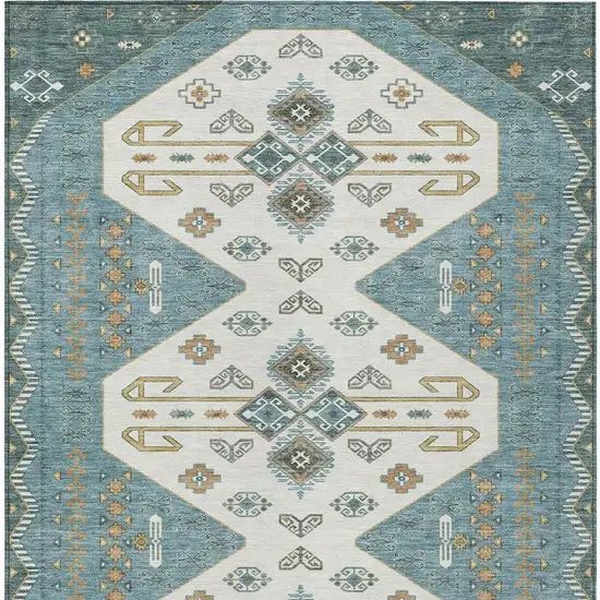 Teal Blue And Gold Geometric Washable Indoor Outdoor Area Rug Photo 4