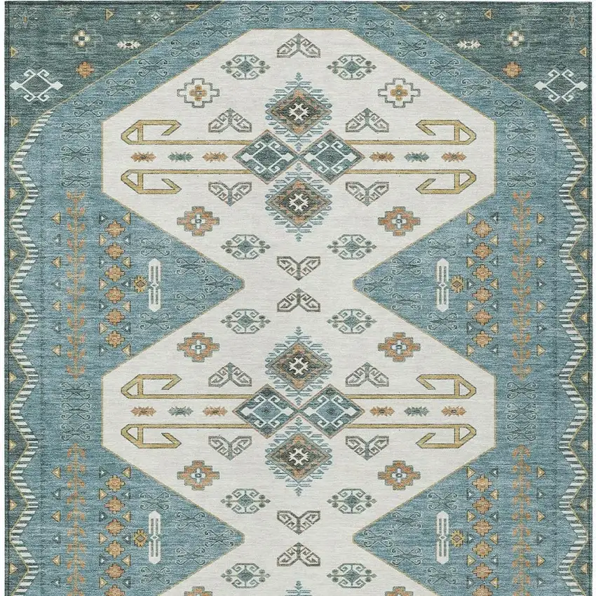 Teal Blue And Gold Geometric Washable Indoor Outdoor Area Rug Photo 4