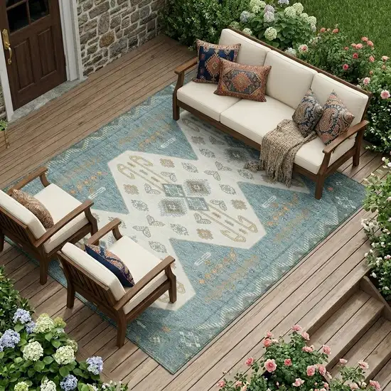 Teal Blue And Gold Geometric Washable Indoor Outdoor Area Rug Photo 1