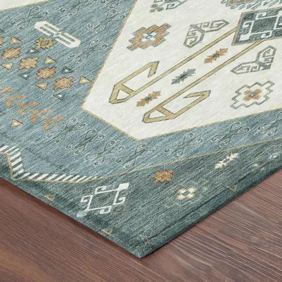 Teal Blue And Gold Geometric Washable Indoor Outdoor Area Rug Photo 5