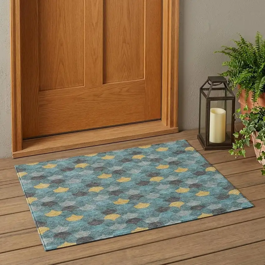 Teal Blue And Gold Geometric Washable Indoor Outdoor Area Rug Photo 1