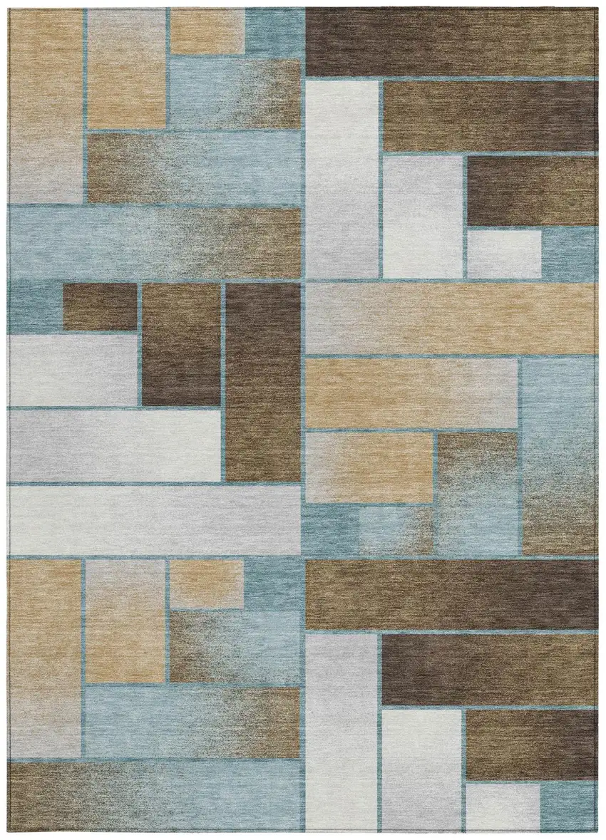 Teal Blue And Gold Geometric Washable Indoor Outdoor Area Rug Photo 4