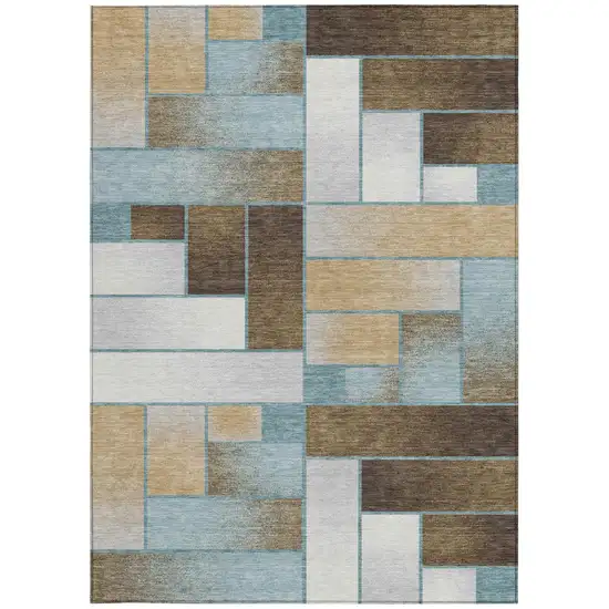Teal Blue And Gold Geometric Washable Indoor Outdoor Area Rug Photo 4