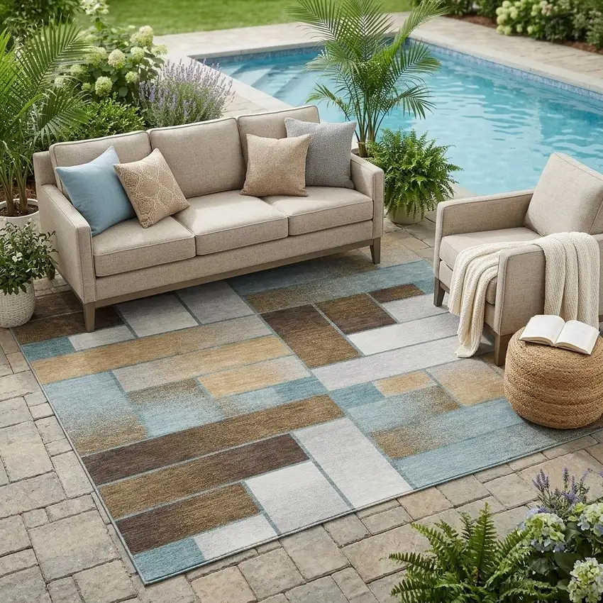Teal Blue And Gold Geometric Washable Indoor Outdoor Area Rug Photo 1