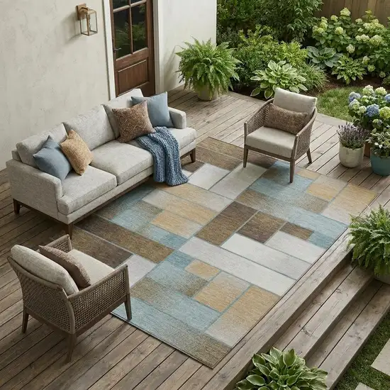 Teal Blue And Gold Geometric Washable Indoor Outdoor Area Rug Photo 1