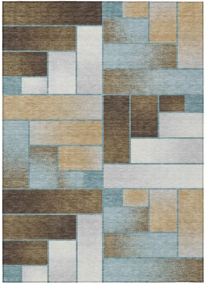 Teal Blue And Gold Geometric Washable Indoor Outdoor Area Rug Photo 2