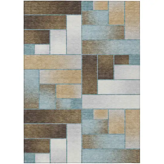 Teal Blue And Gold Geometric Washable Indoor Outdoor Area Rug Photo 2