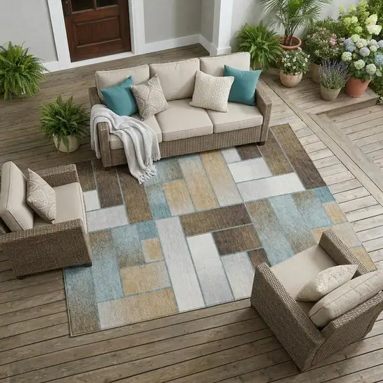 Teal Blue And Gold Geometric Washable Indoor Outdoor Area Rug Photo 1