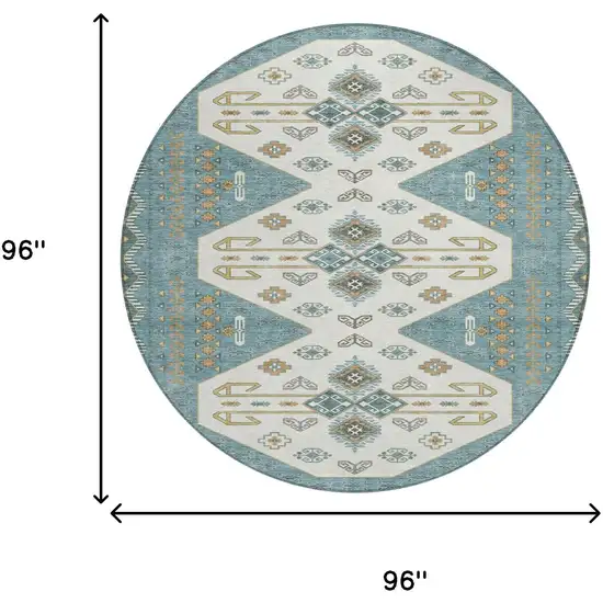 Teal Blue And Gold Round Geometric Washable Indoor Outdoor Area Rug Photo 6