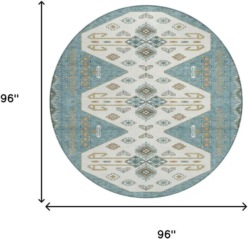 Teal Blue And Gold Round Geometric Washable Indoor Outdoor Area Rug Photo 6