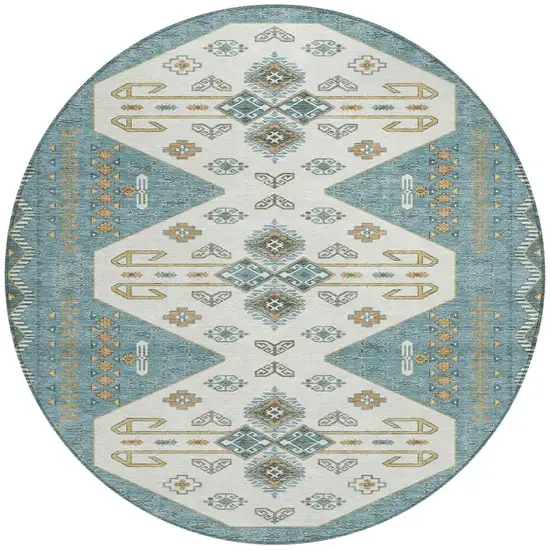 Teal Blue And Gold Round Geometric Washable Indoor Outdoor Area Rug Photo 3