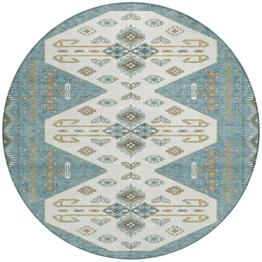 Teal Blue And Gold Round Geometric Washable Indoor Outdoor Area Rug Photo 3