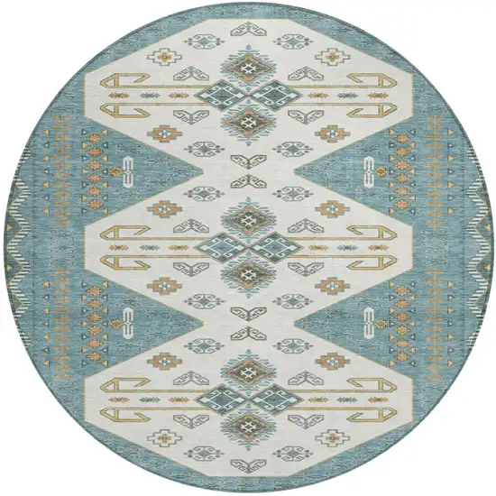 Teal Blue And Gold Round Geometric Washable Indoor Outdoor Area Rug Photo 1