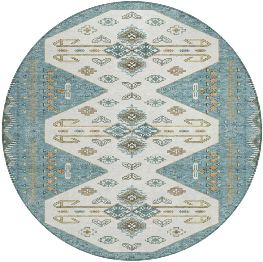 Teal Blue And Gold Round Geometric Washable Indoor Outdoor Area Rug Photo 1