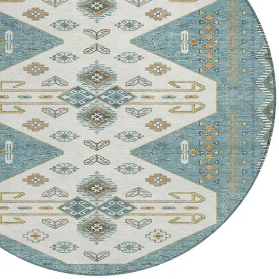 Teal Blue And Gold Round Geometric Washable Indoor Outdoor Area Rug Photo 2