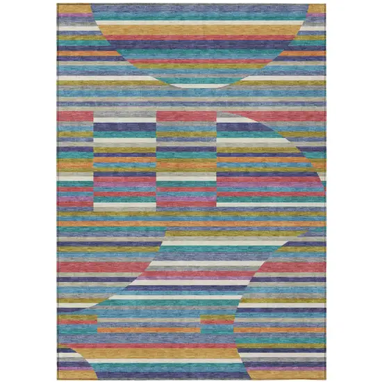 Teal Blue And Gold Striped Washable Indoor Outdoor Area Rug Photo 1