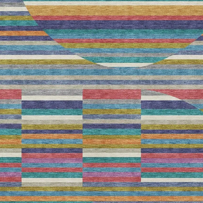 Teal Blue And Gold Striped Washable Indoor Outdoor Area Rug Photo 2