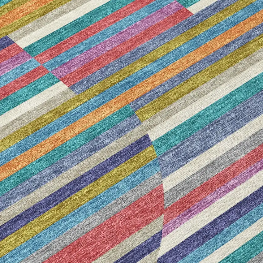 Teal Blue And Gold Striped Washable Indoor Outdoor Area Rug Photo 5