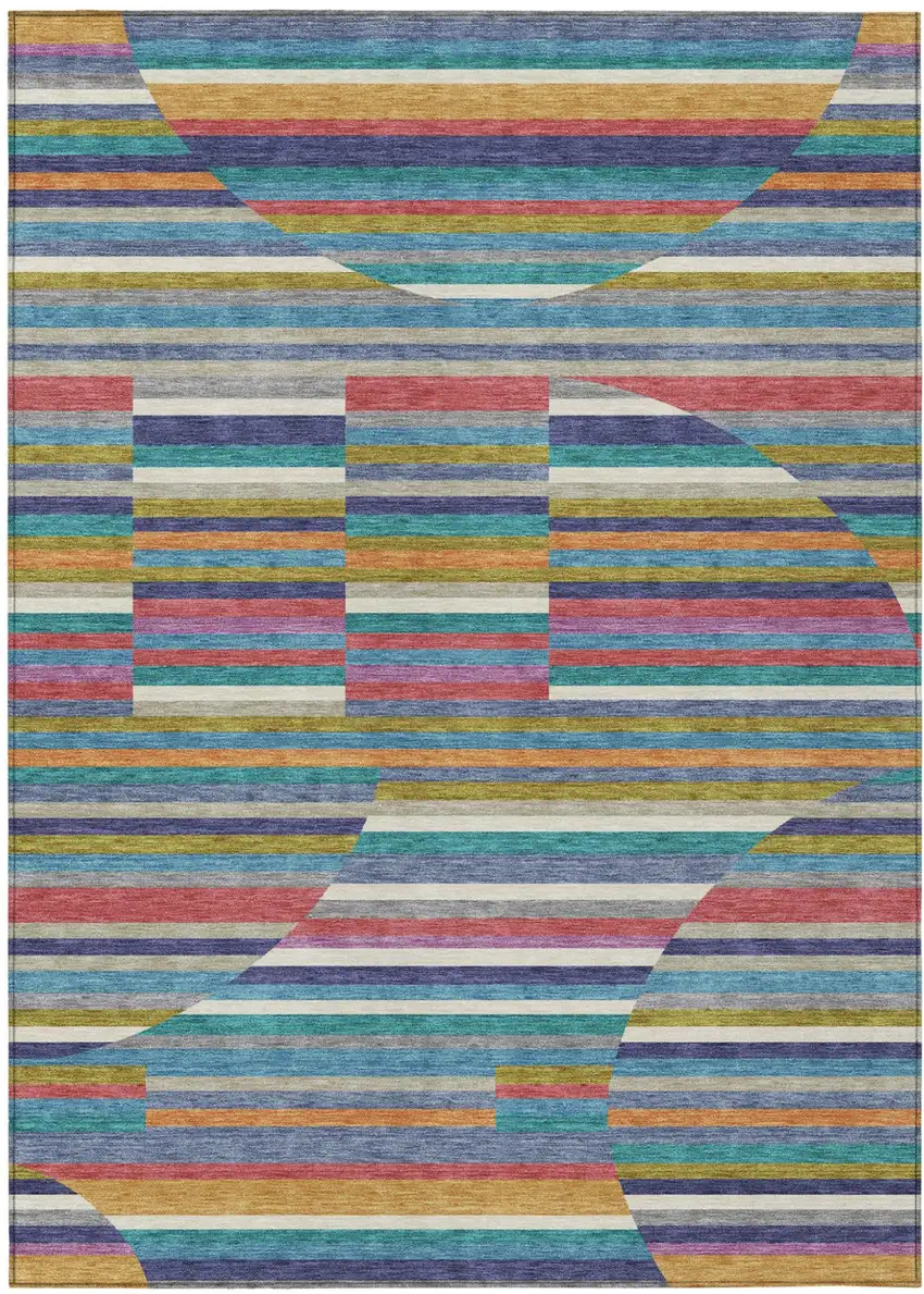 Teal Blue And Gold Striped Washable Indoor Outdoor Area Rug Photo 1