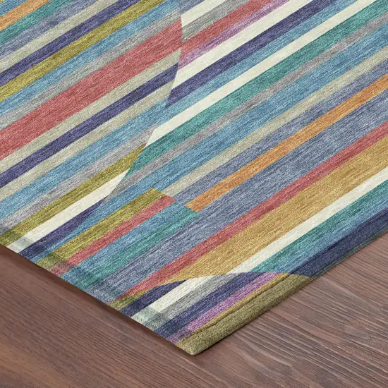 Teal Blue And Gold Striped Washable Indoor Outdoor Area Rug Photo 4