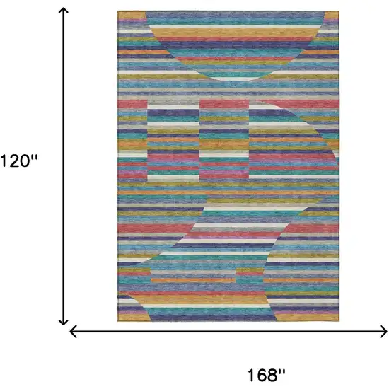 Teal Blue And Gold Striped Washable Indoor Outdoor Area Rug Photo 6
