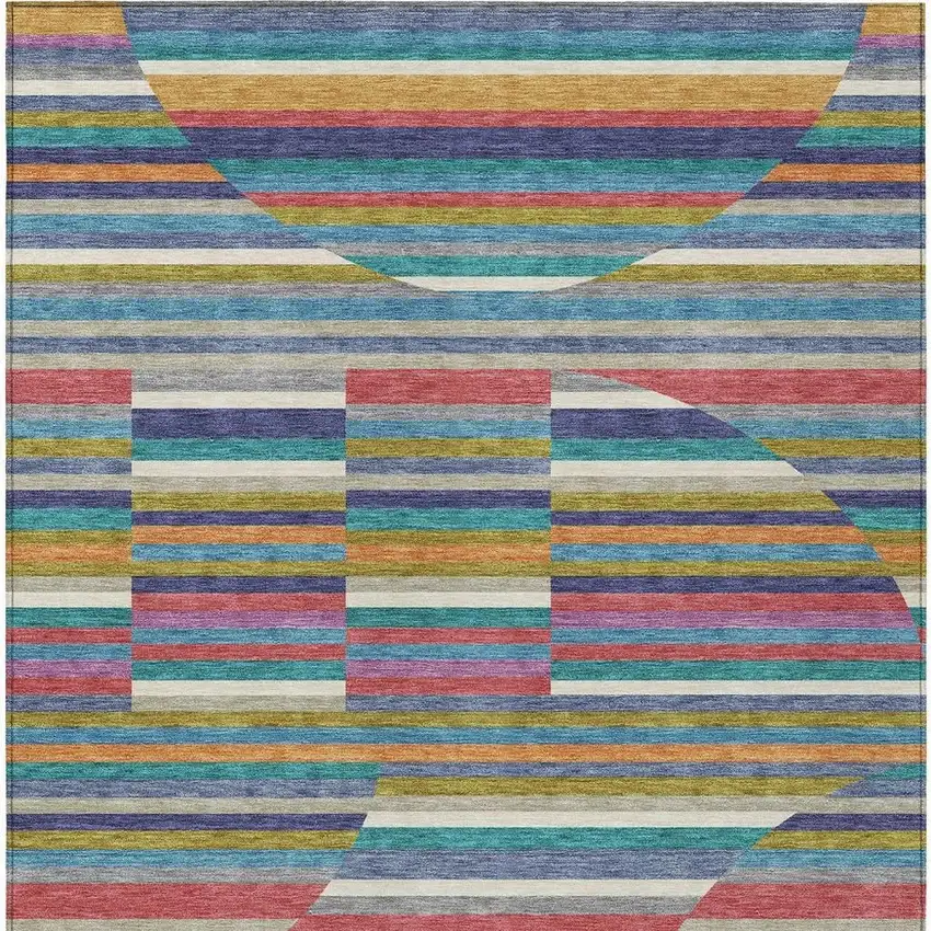 Teal Blue And Gold Striped Washable Indoor Outdoor Area Rug Photo 3