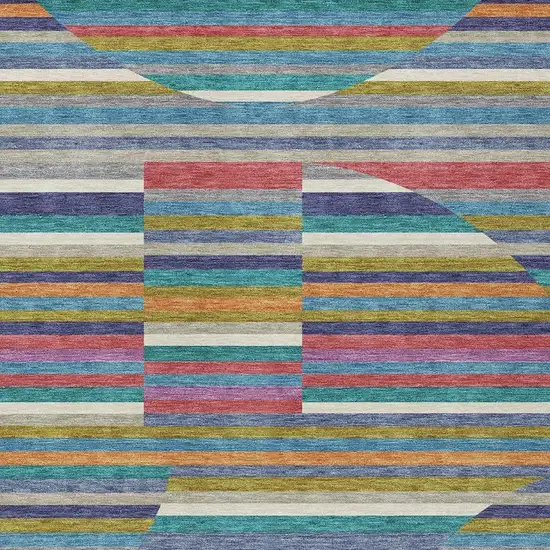 Teal Blue And Gold Striped Washable Indoor Outdoor Area Rug Photo 2
