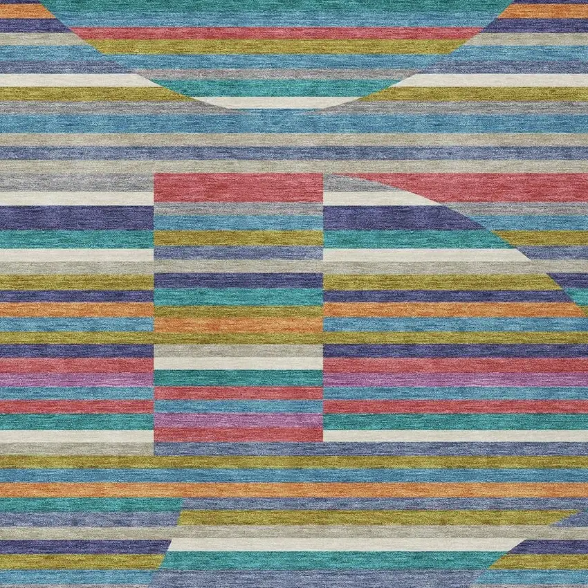 Teal Blue And Gold Striped Washable Indoor Outdoor Area Rug Photo 2