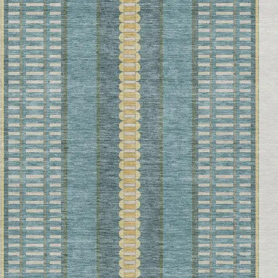 Teal Blue And Gold Striped Washable Indoor Outdoor Area Rug Photo 5